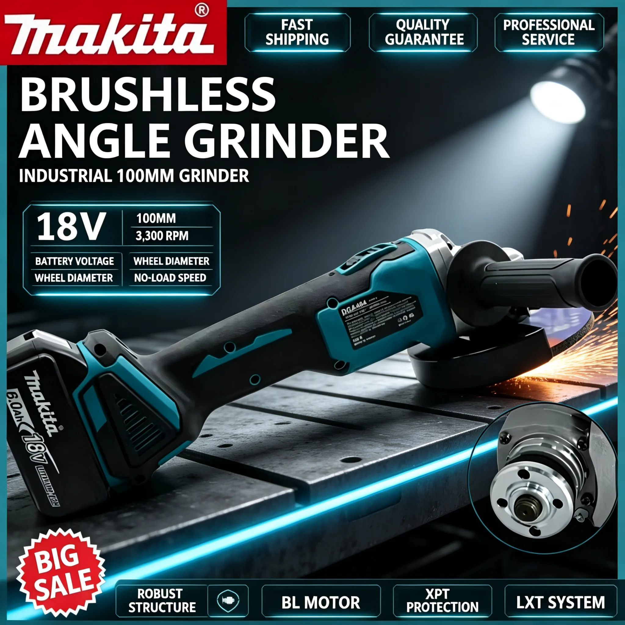 Brushless Angle Grinder Battery Powered - 100-мм бесщеточная угловая шлифовальная машина Makita